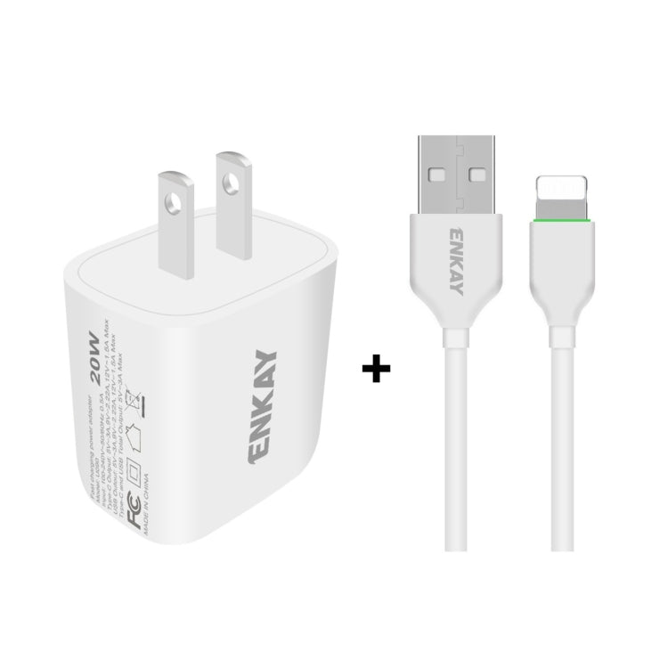 ENKAY Hat-Prince 20W PD Type-C + QC 3.0 USB Fast Charging Travel Charger Power Adapter with Fast Charge Data Cable, US Plug(With 8 Pin Cable) - USB Charger by ENKAY | Online Shopping South Africa | PMC Jewellery | Buy Now Pay Later Mobicred