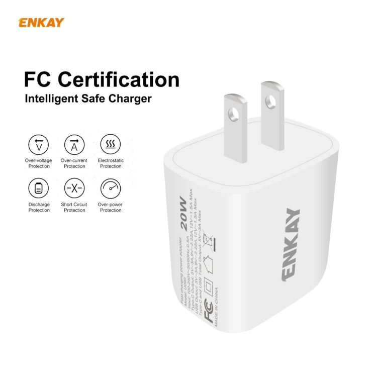 ENKAY Hat-Prince 20W PD Type-C + QC 3.0 USB Fast Charging Travel Charger Power Adapter with Fast Charge Data Cable, US Plug(With 8 Pin Cable) - USB Charger by ENKAY | Online Shopping South Africa | PMC Jewellery | Buy Now Pay Later Mobicred