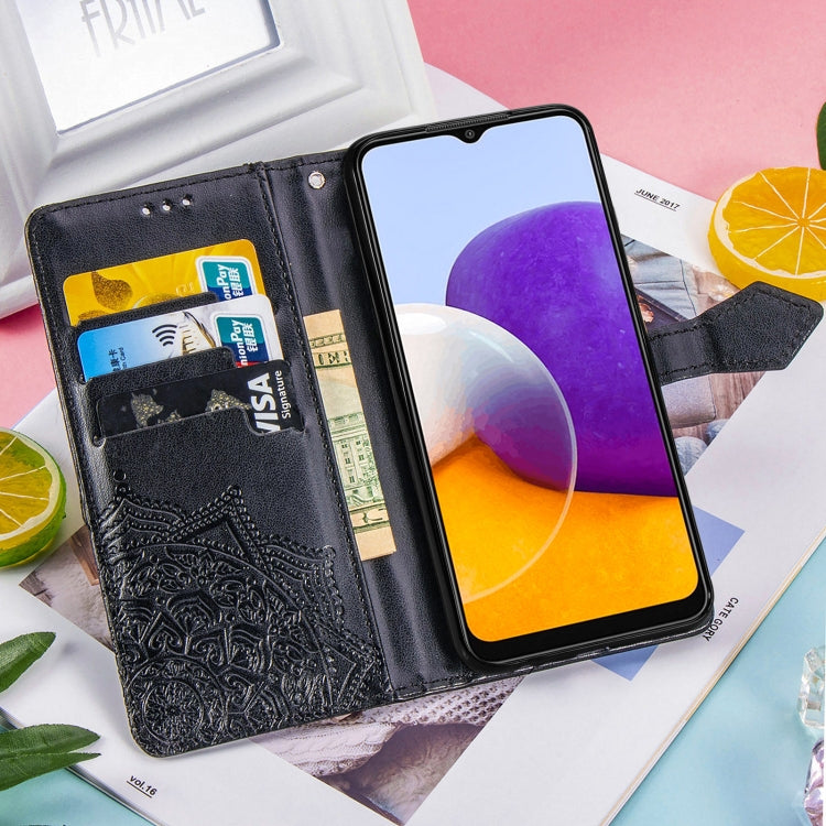 For Samsung Galaxy A22 5G Mandala Embossing Pattern Horizontal Flip Leather Case with Holder & Card Slots & Wallet & Lanyard(Black) - Galaxy Phone Cases by PMC TechLife | Online Shopping South Africa | PMC TechLife | Buy Now Pay Later Mobicred