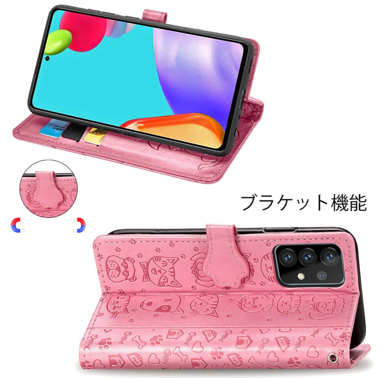 For Samsung Galaxy A52 5G/4G Cute Cat and Dog Embossed Horizontal Flip Leather Case with Holder & Card Slots & Wallet & Crossbody Lanyard & Card Cover(Pink) - Galaxy Phone Cases by PMC Jewellery | Online Shopping South Africa | PMC Jewellery