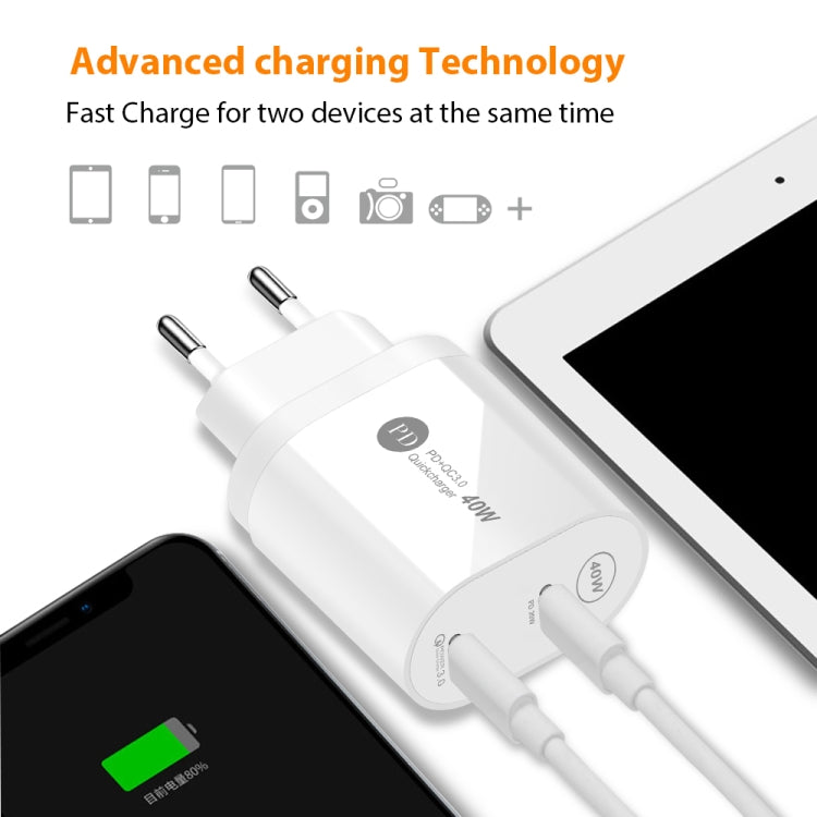 002 40W Dual Port PD / Type-C Fast Charger with USB-C to 8 Pin Data Cable, US Plug(Black) - USB Charger by PMC TechLife | Online Shopping South Africa | PMC TechLife | Buy Now Pay Later Mobicred