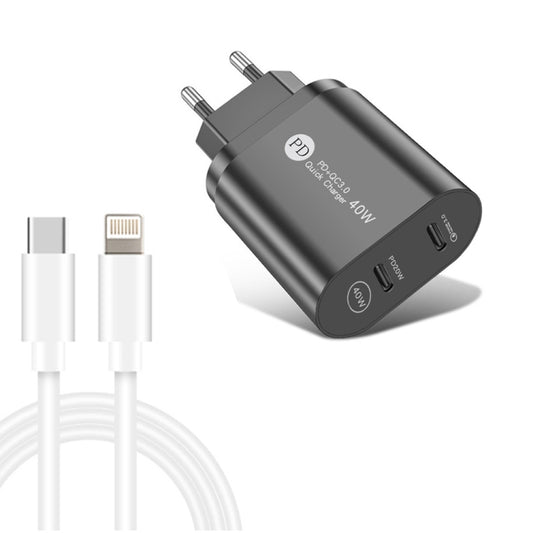 002 40W Dual Port PD / Type-C Fast Charger with USB-C to 8 Pin Data Cable, EU Plug(Black) - USB Charger by PMC Jewellery | Online Shopping South Africa | PMC Jewellery