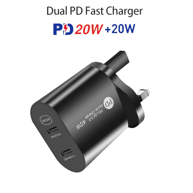 002 40W Dual Port PD / Type-C Fast Charger with USB-C to 8 Pin Data Cable, UK Plug(Black) - USB Charger by PMC TechLife | Online Shopping South Africa | PMC TechLife | Buy Now Pay Later Mobicred