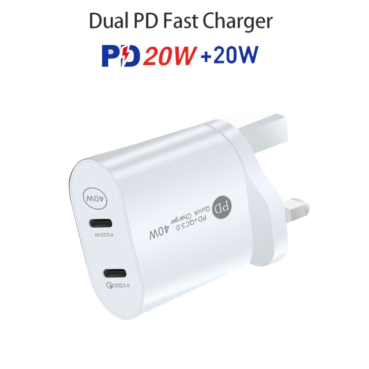 002 40W Dual Port PD / Type-C Fast Charger with USB-C to 8 Pin Data Cable, UK Plug(White) - USB Charger by PMC TechLife | Online Shopping South Africa | PMC TechLife | Buy Now Pay Later Mobicred