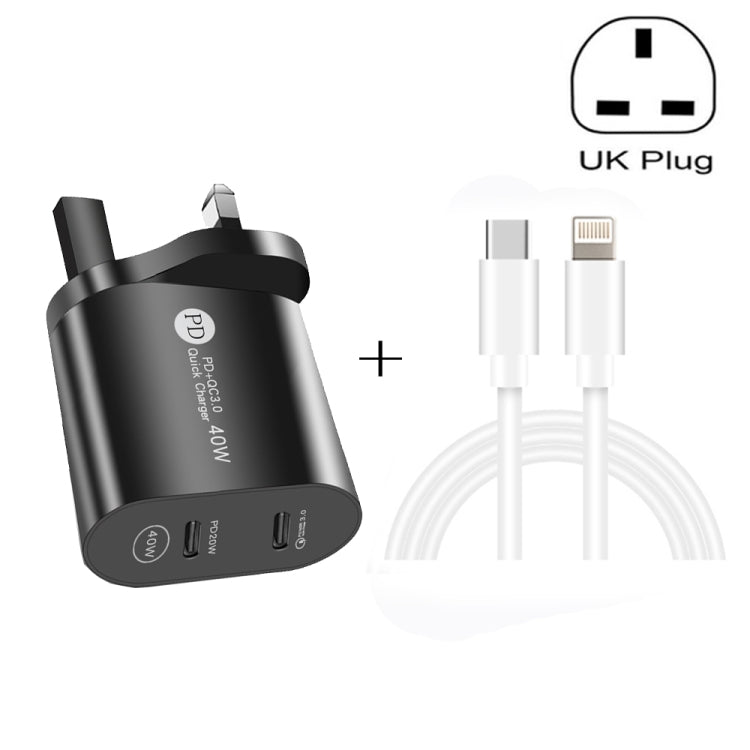 002 40W Dual Port PD / Type-C Fast Charger with USB-C to 8 Pin Data Cable, UK Plug(Black) - USB Charger by PMC TechLife | Online Shopping South Africa | PMC TechLife | Buy Now Pay Later Mobicred