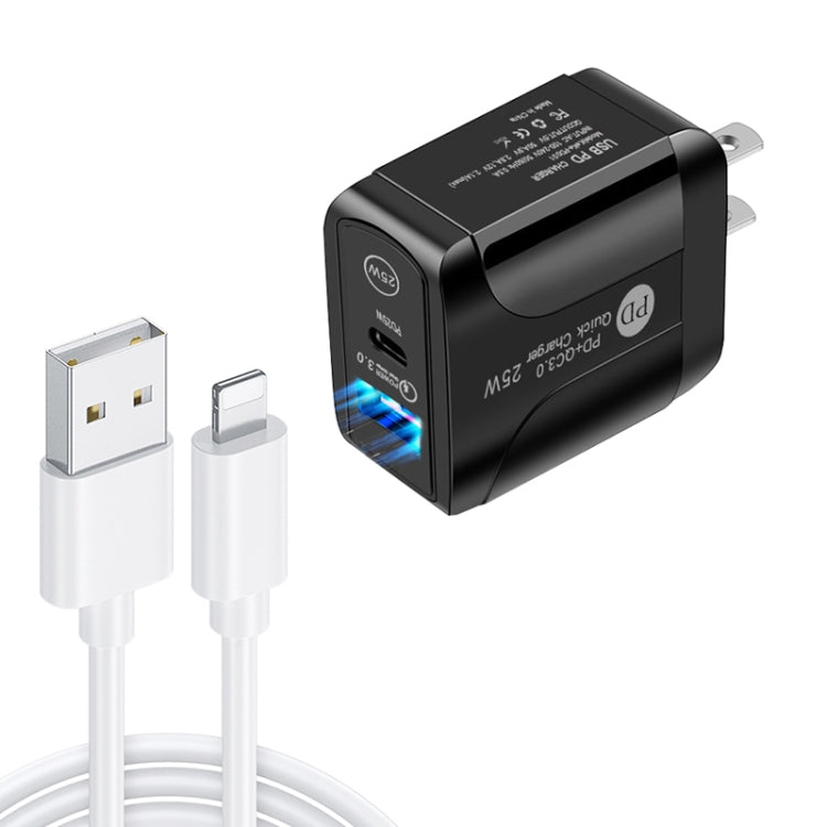 PD25W USB-C / Type-C + QC3.0 USB Dual Ports Fast Charger with USB to 8 Pin Data Cable, US Plug(Black) - USB Charger by PMC TechLife | Online Shopping South Africa | PMC TechLife | Buy Now Pay Later Mobicred