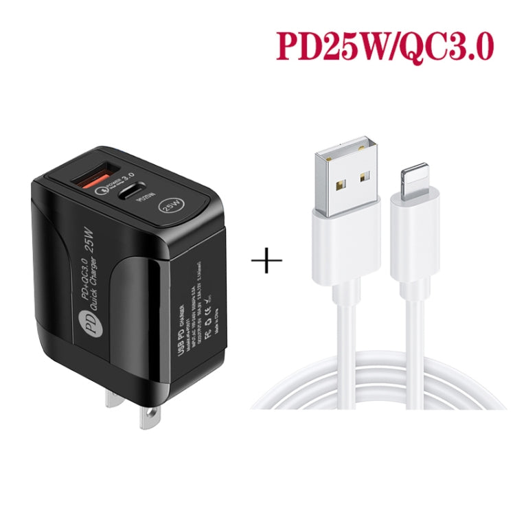 PD25W USB-C / Type-C + QC3.0 USB Dual Ports Fast Charger with USB to 8 Pin Data Cable, US Plug(White) - USB Charger by PMC TechLife | Online Shopping South Africa | PMC TechLife | Buy Now Pay Later Mobicred