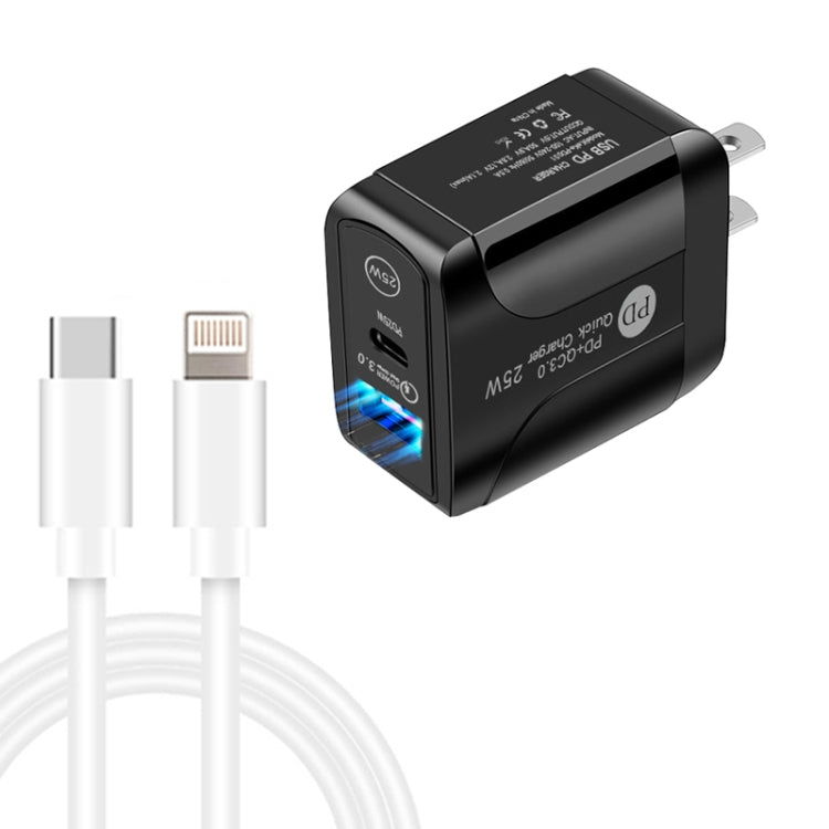 PD25W USB-C / Type-C + QC3.0 USB Dual Ports Fast Charger with USB-C to 8 Pin Data Cable, US Plug(Black) - USB Charger by PMC TechLife | Online Shopping South Africa | PMC TechLife | Buy Now Pay Later Mobicred