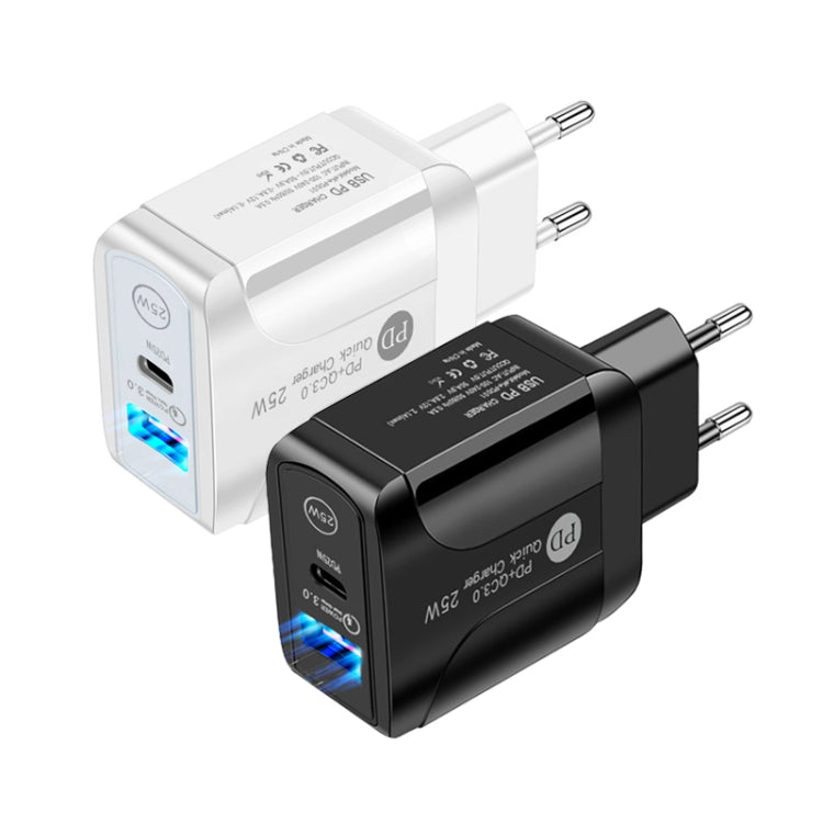 PD25W USB-C / Type-C + QC3.0 USB Dual Ports Fast Charger with USB-C to 8 Pin Data Cable, EU Plug(Black) - USB Charger by PMC TechLife | Online Shopping South Africa | PMC TechLife | Buy Now Pay Later Mobicred