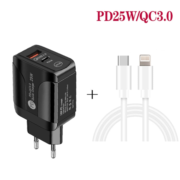 PD25W USB-C / Type-C + QC3.0 USB Dual Ports Fast Charger with USB-C to 8 Pin Data Cable, EU Plug(Black) - USB Charger by PMC TechLife | Online Shopping South Africa | PMC TechLife | Buy Now Pay Later Mobicred