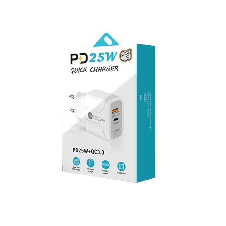 PD25W USB-C / Type-C + QC3.0 USB Dual Ports Fast Charger with USB-C to 8 Pin Data Cable, EU Plug(Black) - USB Charger by PMC TechLife | Online Shopping South Africa | PMC TechLife | Buy Now Pay Later Mobicred