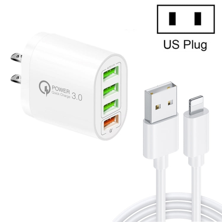 QC-04 QC3.0 + 3 x USB2.0 Multi-ports Charger with 3A USB to 8 Pin Data Cable,US Plug(White) - USB Charger by PMC TechLife | Online Shopping South Africa | PMC TechLife