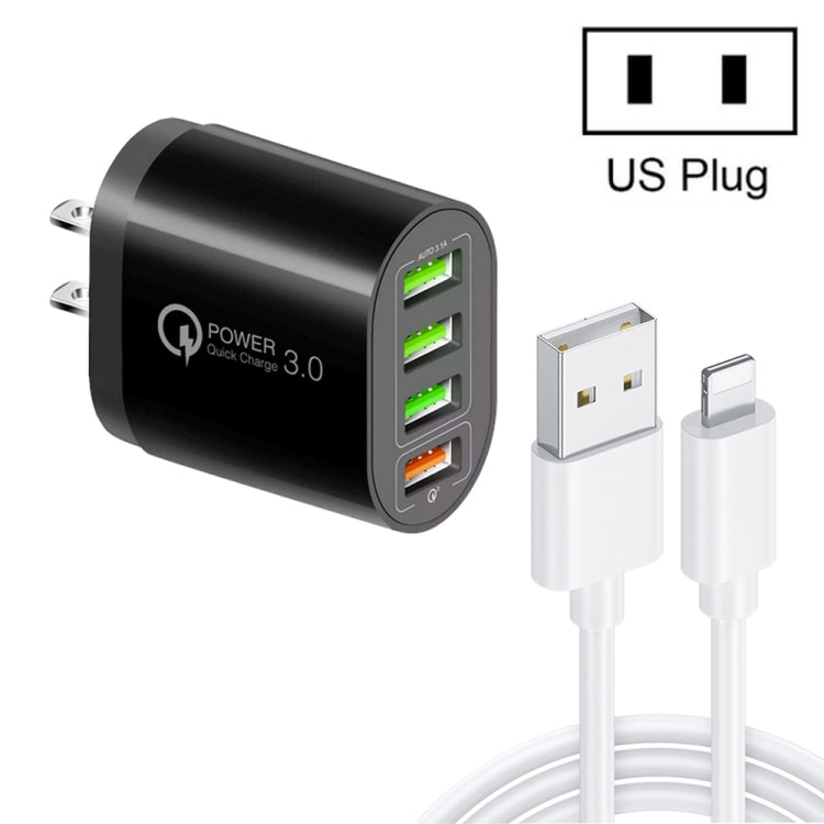 QC-04 QC3.0 + 3 x USB2.0 Multi-ports Charger with 3A USB to 8 Pin Data Cable,US Plug(Black) - USB Charger by PMC TechLife | Online Shopping South Africa | PMC TechLife