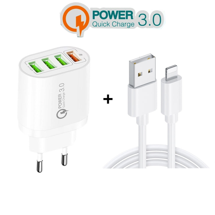QC-04 QC3.0 + 3 x USB2.0 Multi-ports Charger with 3A USB to 8 Pin Data Cable, EU Plug(Black) - USB Charger by PMC TechLife | Online Shopping South Africa | PMC TechLife | Buy Now Pay Later Mobicred
