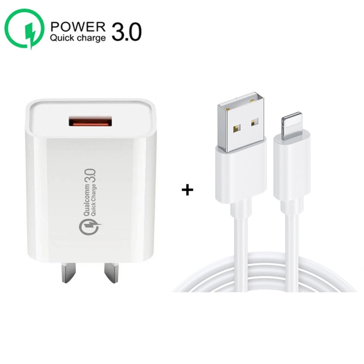 CA-25 QC3.0 USB 3A Fast Charger with USB to 8 Pin Data Cable, AU Plug(Black) - USB Charger by PMC TechLife | Online Shopping South Africa | PMC TechLife | Buy Now Pay Later Mobicred