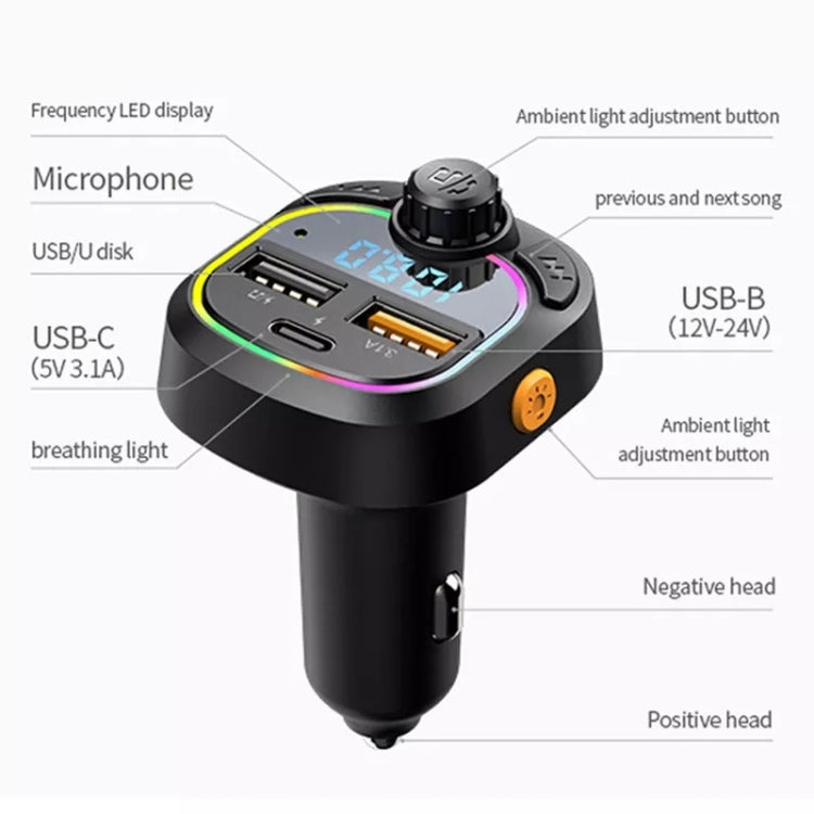 C28 Fast Charging Atmosphere Light Handsfree Car Kit Car Mp3 Player Stereo FM Transmitter - Bluetooth Car Kits by PMC TechLife | Online Shopping South Africa | PMC TechLife