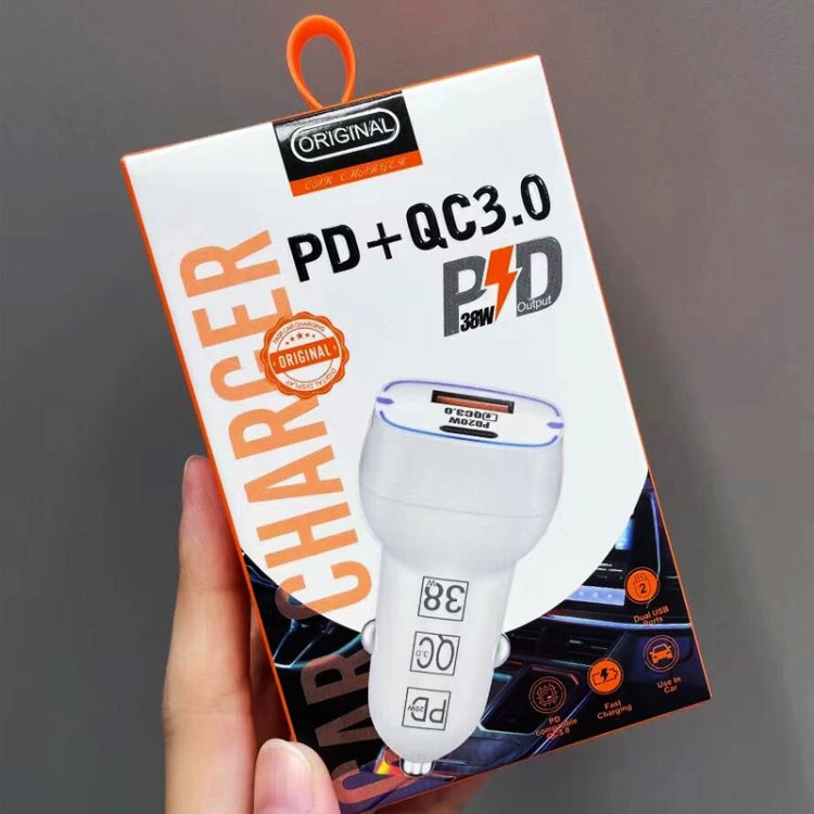 38W PD20W + QC3.0 USB Car Charger with USB to Type-C Data Cable, Length: 1m(White) - Car Charger by PMC TechLife | Online Shopping South Africa | PMC TechLife