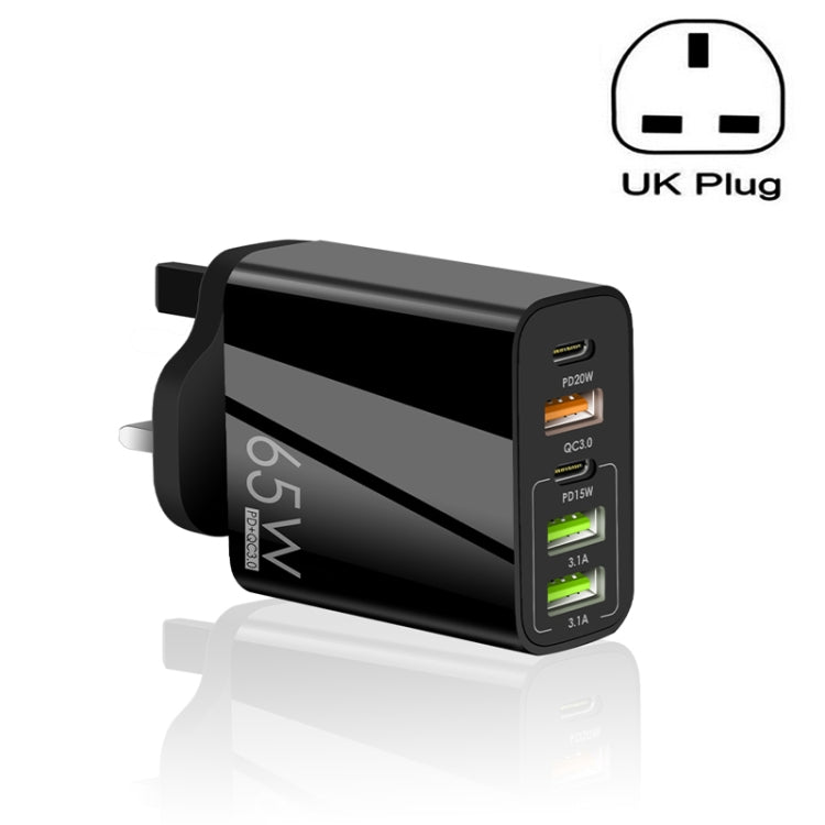 65W Dual PD Type-C + 3 x USB Multi Port Charger for Phone and Tablet PC, UK Plug(Black) - USB Charger by PMC TechLife | Online Shopping South Africa | PMC TechLife | Buy Now Pay Later Mobicred