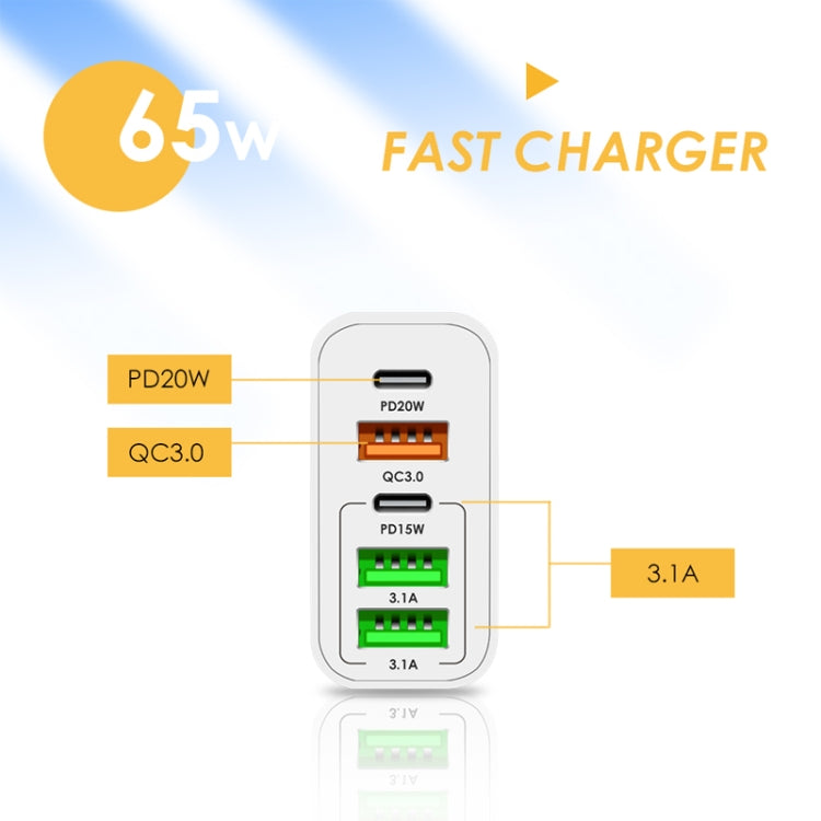 65W Dual PD Type-C + 3 x USB Multi Port Charger with 3A USB to Type-C Data Cable, UK Plug(White) - USB Charger by PMC Jewellery | Online Shopping South Africa | PMC Jewellery