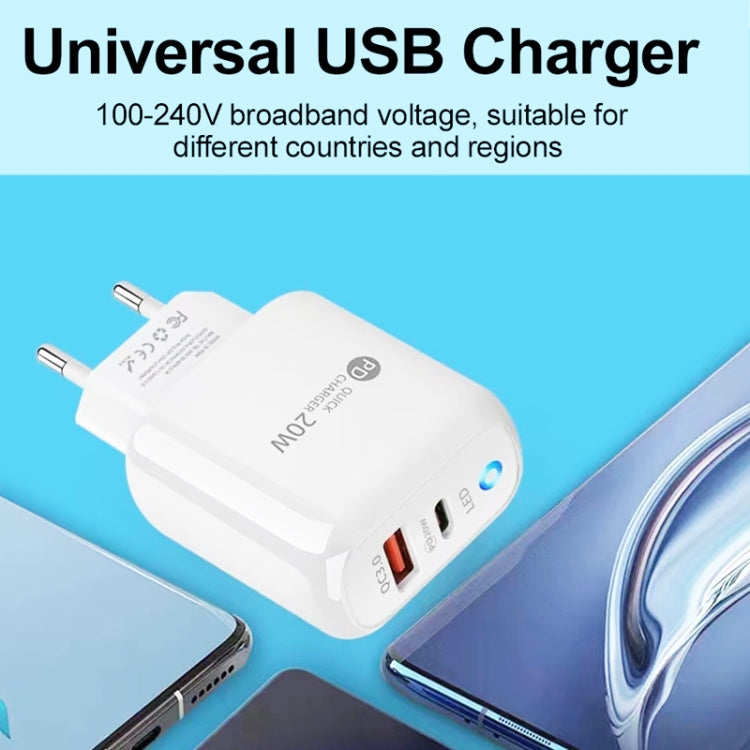 PD04 PD20W Type-C + QC18W USB Mobile Phone Charger with LED Indicator, EU Plug(White) - USB Charger by PMC TechLife | Online Shopping South Africa | PMC TechLife | Buy Now Pay Later Mobicred