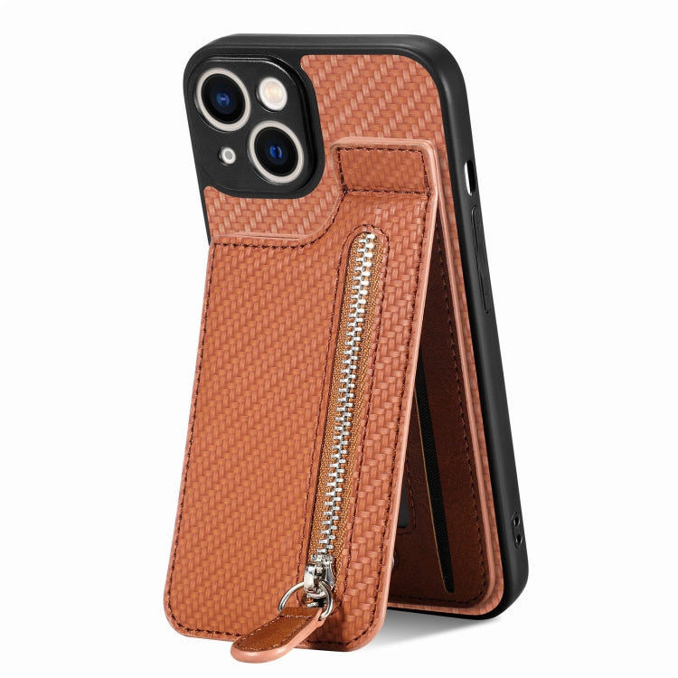 For iPhone 14 Plus Carbon Fiber Vertical Flip Zipper Phone Case(Brown) - iPhone 14 Plus Cases by PMC TechLife | Online Shopping South Africa | PMC TechLife | Buy Now Pay Later Mobicred