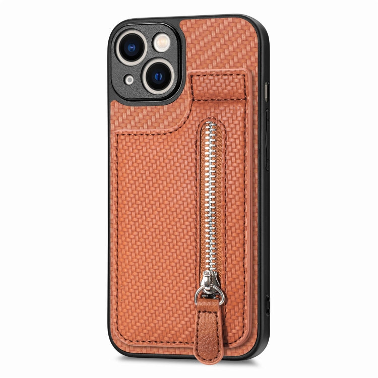 For iPhone 14 Plus Carbon Fiber Vertical Flip Zipper Phone Case(Brown) - iPhone 14 Plus Cases by PMC TechLife | Online Shopping South Africa | PMC TechLife | Buy Now Pay Later Mobicred