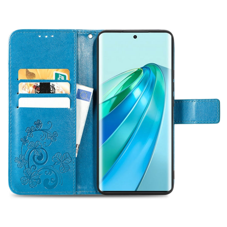 For Honor Magic5 Lite Four-leaf Clasp Embossed Buckle Leather Phone Case(Blue) - Honor Cases by PMC Jewellery | Online Shopping South Africa | PMC Jewellery