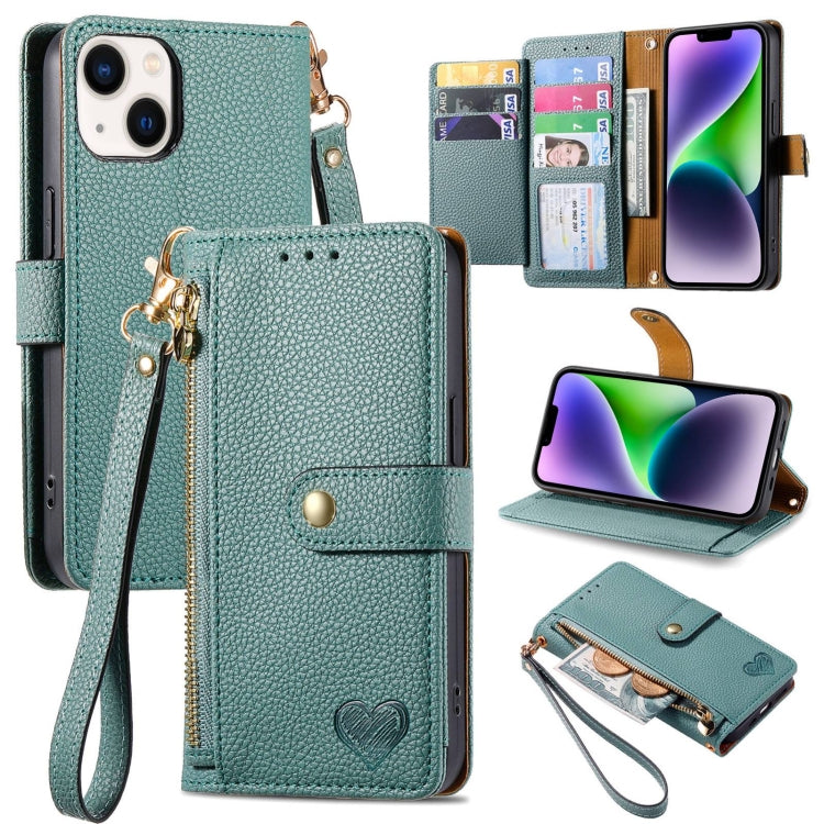 For iPhone 14 Love Zipper Lanyard Leather Phone Case(Green) - free shipping - PMC TechLife - Order now!
