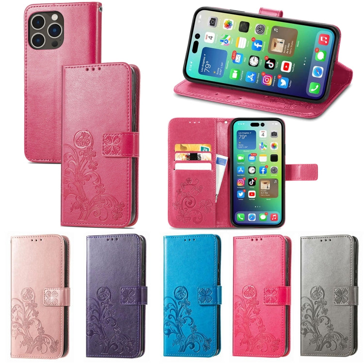 For iPhone 15 Pro Four-leaf Clasp Embossed Buckle Leather Phone Case(Gray) - iPhone 15 Pro Cases by PMC TechLife | Online Shopping South Africa | PMC TechLife