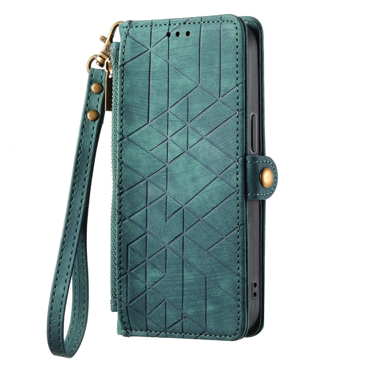 For Google Pixel 6a Geometric Zipper Wallet Side Buckle Leather Phone Case(Green) - Google Cases by PMC TechLife | Online Shopping South Africa | PMC TechLife | Buy Now Pay Later Mobicred