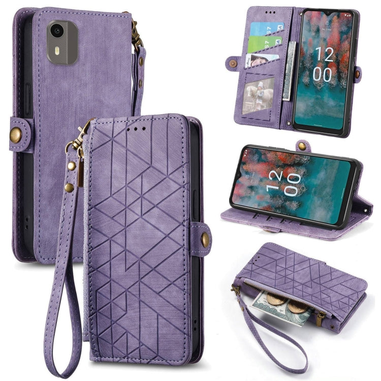 For Nokia C12 Geometric Zipper Wallet Side Buckle Leather Phone Case(Purple) - free shipping - PMC TechLife - Order now!