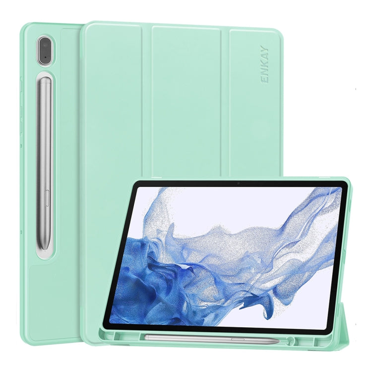 For Samsung Galaxy Tab S9 ENKAY Tri-fold Custer Leather TPU Bottom Smart Case with Pen Slot(Light Green) - free shipping - PMC TechLife - Order now!