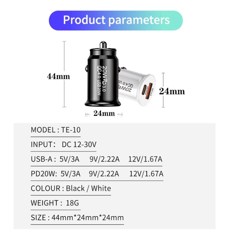 P10 Mini QC4.0 USB / PD20W Car Charger with Type-C to Type-C Fast Charging Data Cable(Black) - free shipping - PMC TechLife - Order now!