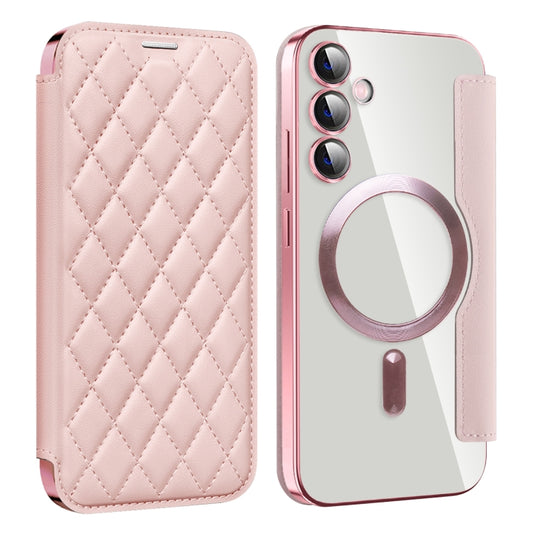 For Samsung Galaxy S23 FE 5G Shield Magsafe RFID Anti-theft Rhombus Leather Phone Case(Pink) - Galaxy S23 FE 5G Cases by PMC Jewellery | Online Shopping South Africa | PMC Jewellery