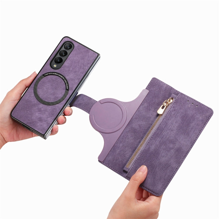 For Samsung Galaxy Z Fold4 Retro MagSafe Magnetic Zipper Wallet Leather Phone Case(Purple) - Galaxy Z Fold4 5G Cases by PMC Jewellery | Online Shopping South Africa | PMC Jewellery