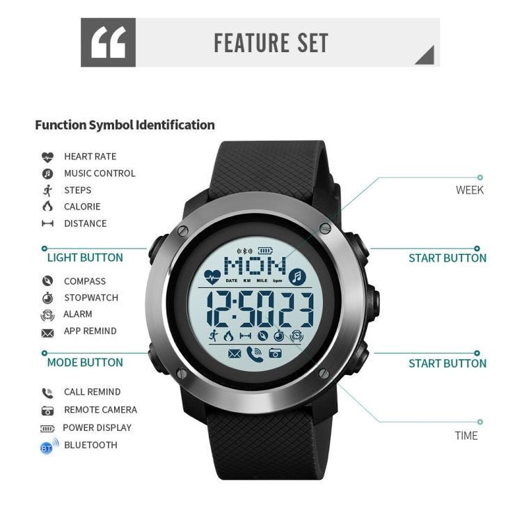 SKMEI 1511 Simple Bluetooth Men Smart Waterproof Compass Adult Smart Watch(Rubber Shell Black) - Sport Watches by SKMEI | Online Shopping South Africa | PMC Jewellery | Buy Now Pay Later Mobicred