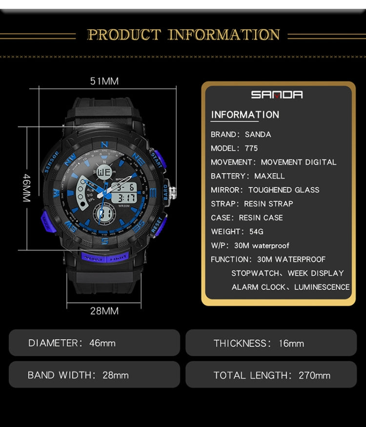 SANDA 775 Watch Male Electronic Watch Adult Middle School Students Youth Multi Functional Sports Water Proof Trend Double Watch(Blue) - Sport Watches by SANDA | Online Shopping South Africa | PMC Jewellery | Buy Now Pay Later Mobicred