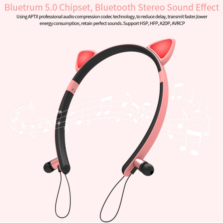 ZW29 Cat Ear Stereo Sound HIFI Fashion Outdoor Portable Sports Wireless  Bluetooth Headset with Mic & LED Light Glowing(Pink) - Neck-mounted Earphone by PMC Jewellery | Online Shopping South Africa | PMC Jewellery