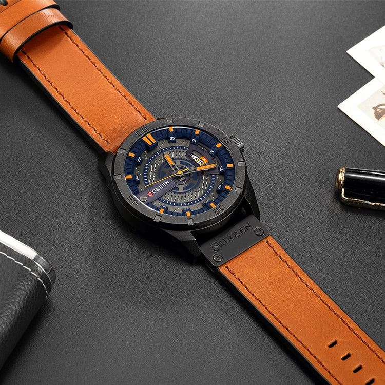 CURREN M8301 Men Military Sports Watch Quartz Date Clock Leather Wristwatch(black case orange) - Leather Strap Watches by CURREN | Online Shopping South Africa | PMC Jewellery | Buy Now Pay Later Mobicred