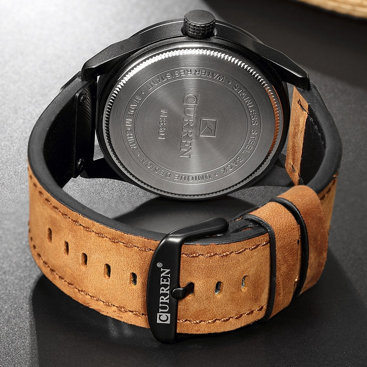 CURREN M8301 Men Military Sports Watch Quartz Date Clock Leather Wristwatch(black case grey face light brown band) - Leather Strap Watches by CURREN | Online Shopping South Africa | PMC Jewellery | Buy Now Pay Later Mobicred