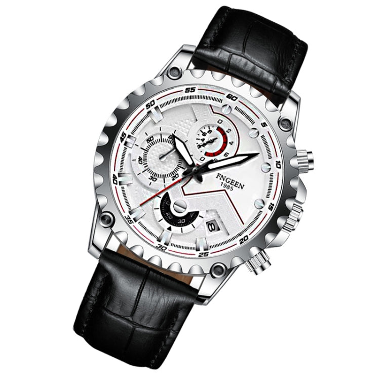 FNGEEN 5757 Men Waterproof Sports Fashion Stainless Steel Watch(Black Leather White Steel White Surface) - Alloy Watches by FNGEEN | Online Shopping South Africa | PMC Jewellery | Buy Now Pay Later Mobicred