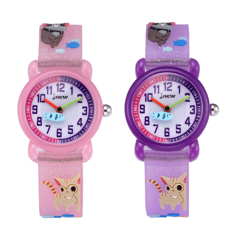 JNEW A335-86264 Children Cartoon 3D Kitten Catching Fish Silicone Waterproof Quartz Watch(Purple) - Cartoon Watches by JNEW | Online Shopping South Africa | PMC Jewellery | Buy Now Pay Later Mobicred