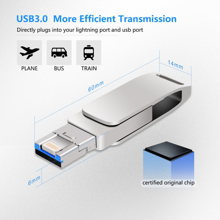 128GB USB 3.0 + 8 Pin + USB-C / Type-C 3 in 1 Phone Computer Metal Rotatable U-Disk(Pink) - U Disk & Card Reader by PMC TechLife | Online Shopping South Africa | PMC TechLife