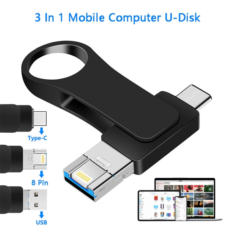 32GB USB 3.0 + 8 Pin + USB-C / Type-C 3 in 1 Mobile Computer Metal U-Disk(Black) - U Disk & Card Reader by PMC TechLife | Online Shopping South Africa | PMC TechLife