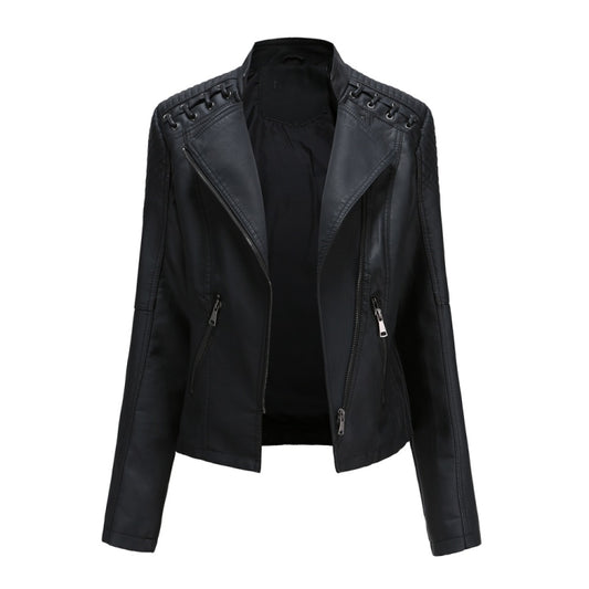 Women Short Leather Jacket Slim Jacket Motorcycle Suit, Size: S(Black) - Jacket & Loose Coat by PMC Jewellery | Online Shopping South Africa | PMC Jewellery