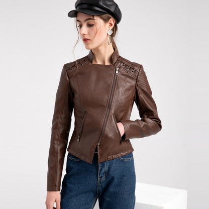 Women Short Leather Jacket Slim Jacket Motorcycle Suit, Size: L(Camel) - Jacket & Loose Coat by PMC Jewellery | Online Shopping South Africa | PMC Jewellery