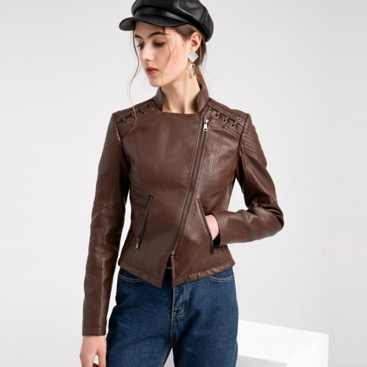 Women Short Leather Jacket Slim Jacket Motorcycle Suit, Size: XXXL(Camel) - Jacket & Loose Coat by PMC Jewellery | Online Shopping South Africa | PMC Jewellery