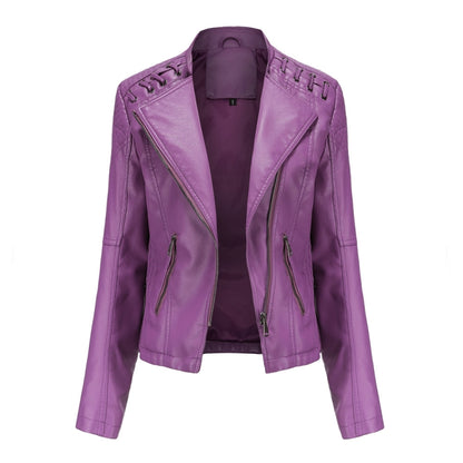 Women Short Leather Jacket Slim Jacket Motorcycle Suit, Size: M(Violet) - Jacket & Loose Coat by PMC Jewellery | Online Shopping South Africa | PMC Jewellery