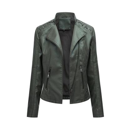 Women Short Leather Jacket Slim Jacket Motorcycle Suit, Size: L(Green) - Jacket & Loose Coat by PMC Jewellery | Online Shopping South Africa | PMC Jewellery