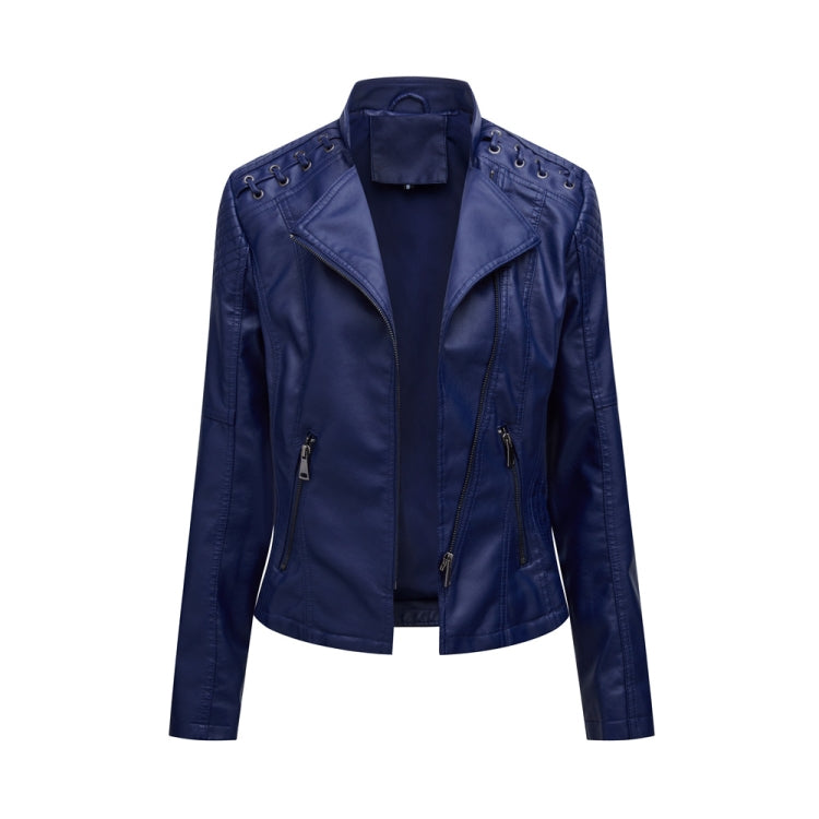 Women Short Leather Jacket Slim Jacket Motorcycle Suit, Size: XL(Navy) - Jacket & Loose Coat by PMC Jewellery | Online Shopping South Africa | PMC Jewellery